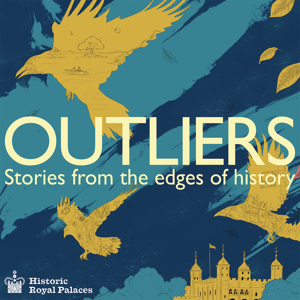 Outliers cover art: blue and teal sky with yellow birds and a yellow castle
