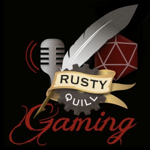 Rusty Quill Gaming cover art: Rusty Quill logo with edited red D20 and microphone