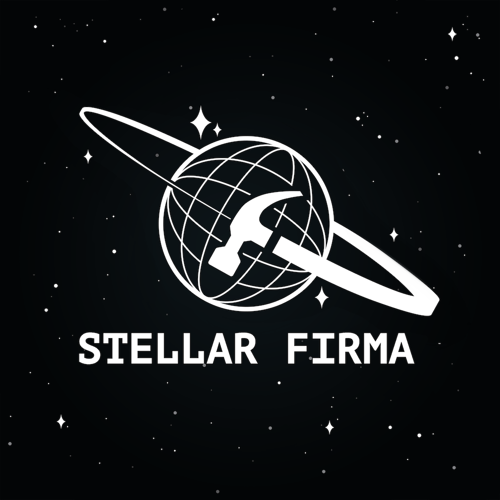 Stellar Firma cover art: black background with stars; logo is a white planet with rings but the rings are a stylized hammer